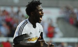 Swansea's Wilfried Bony celebrates scoring during the Europa League match against Malmo.